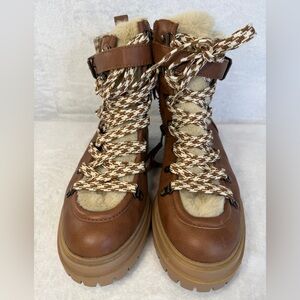 Sam Edelman Circus Beige Furry Plaid Zip Buckle Women's Hiking Ankle Brown Boots
